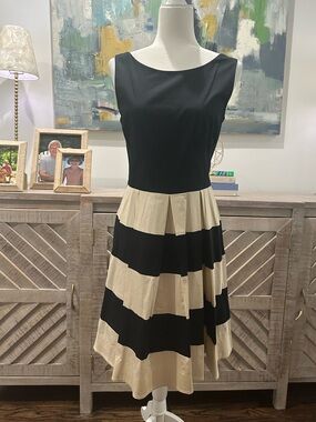 Classic Kate Spade Black & Cream Striped Fit-and-Flare Dress